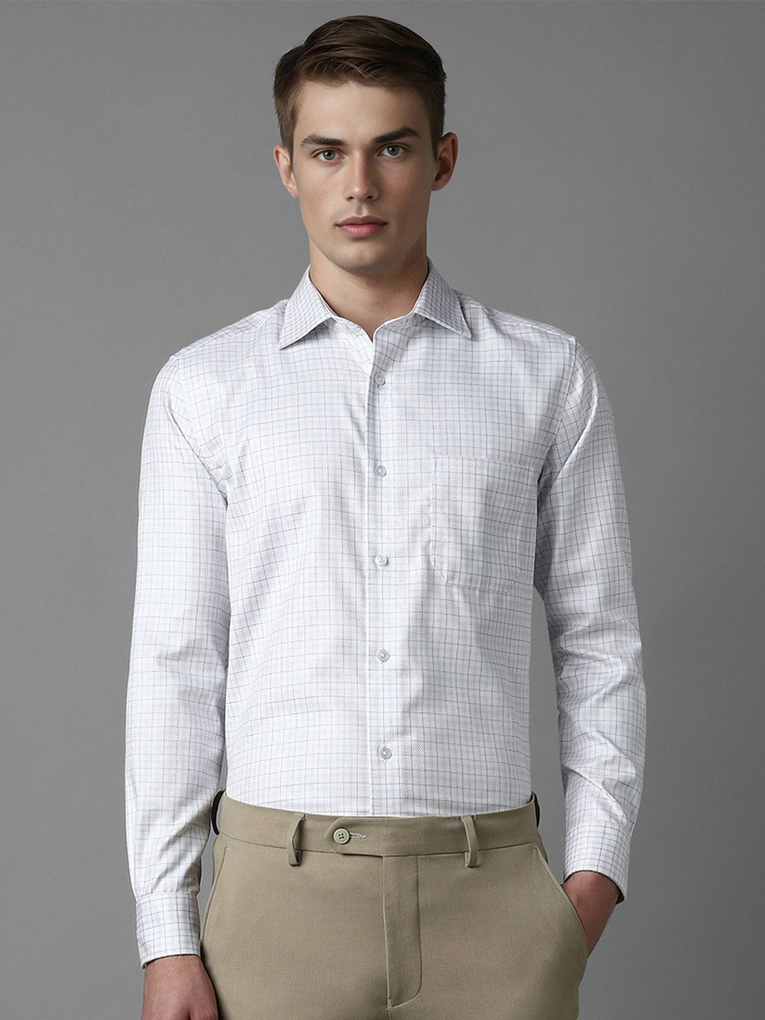 

Louis Philippe Men Classic Spread Collar Checked Cotton Formal Shirt, White