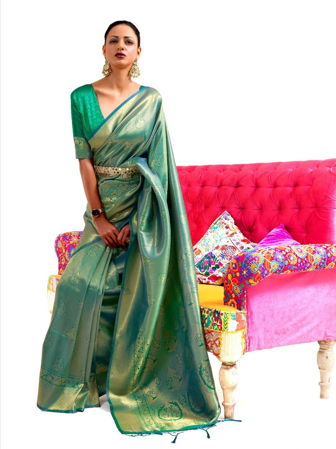 

ODETTE Woven Design Zari Saree, Green