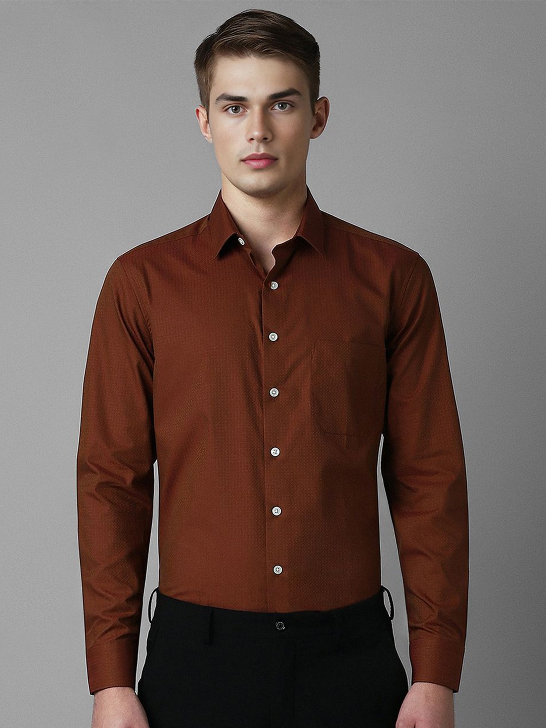 

Louis Philippe Men Spread Collar Solid Cotton Slim Fit Formal Shirt, Brown