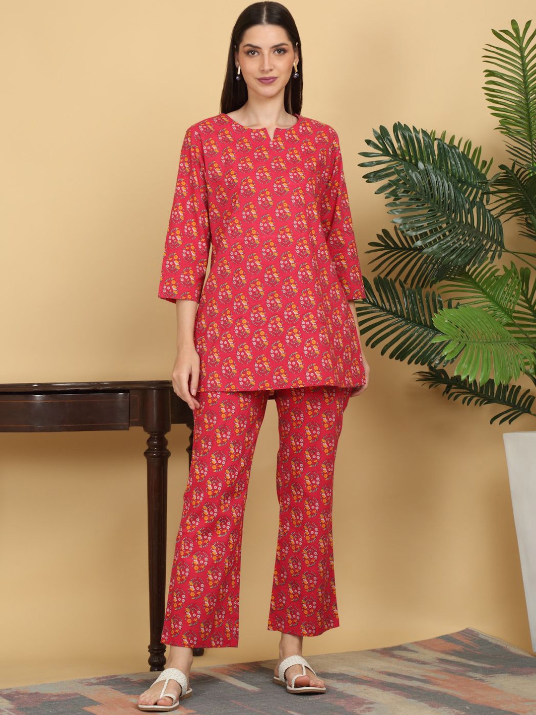 

KALINI Floral Printed Pure Cotton Tunic With Trousers, Red