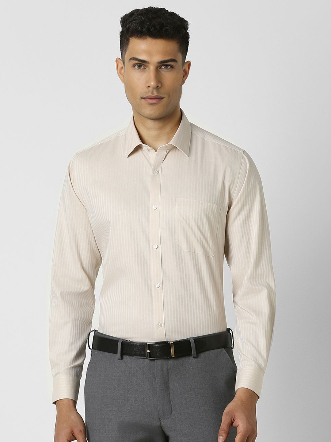 

Van Heusen Men Spread Collar Textured Printed Cotton Formal Shirt, Beige