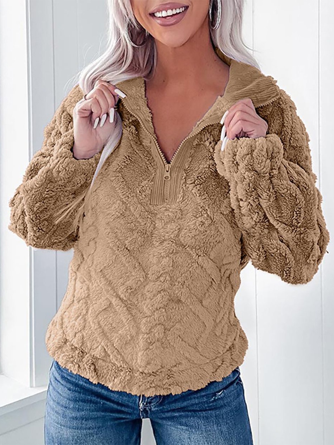 

StyleCast x Revolte Women Mock Collar Self Design Sweatshirt, Khaki