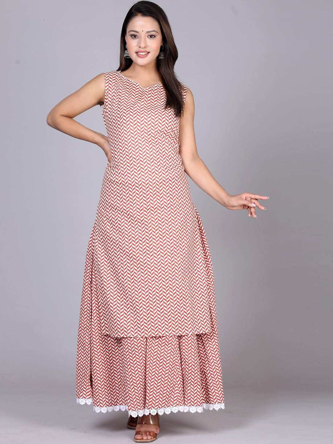 

ANTU KURTIES Abstract Printed Boat Neck Straight Kurta With Palazzos, Beige