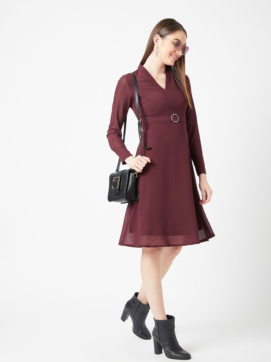

BAESD V-Neck Full Sleeve Solid Fit & Flare Midi Dress, Maroon