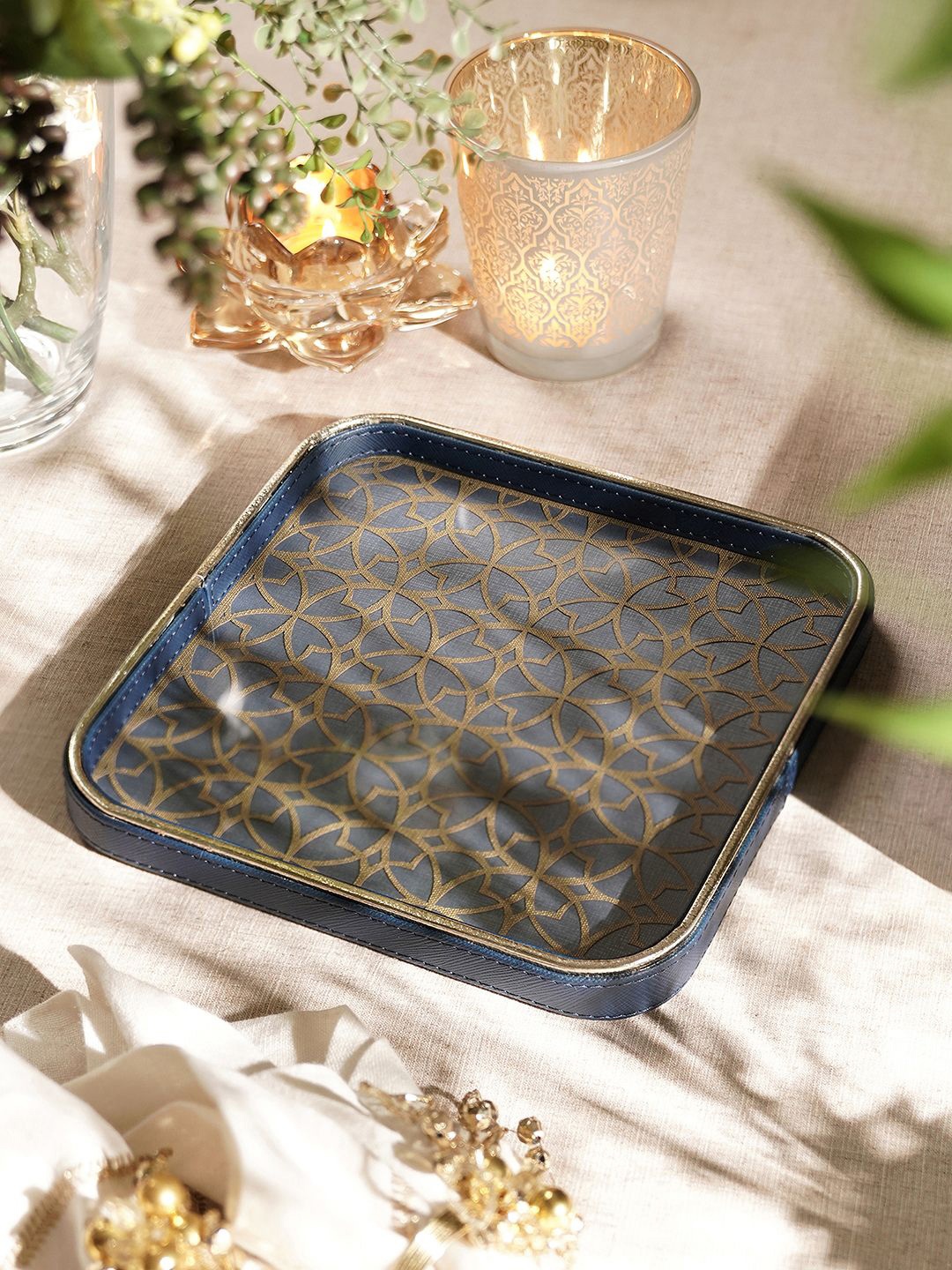 

Pure Home and Living Blue & Gold Toned Faux Leather Square Food Platter