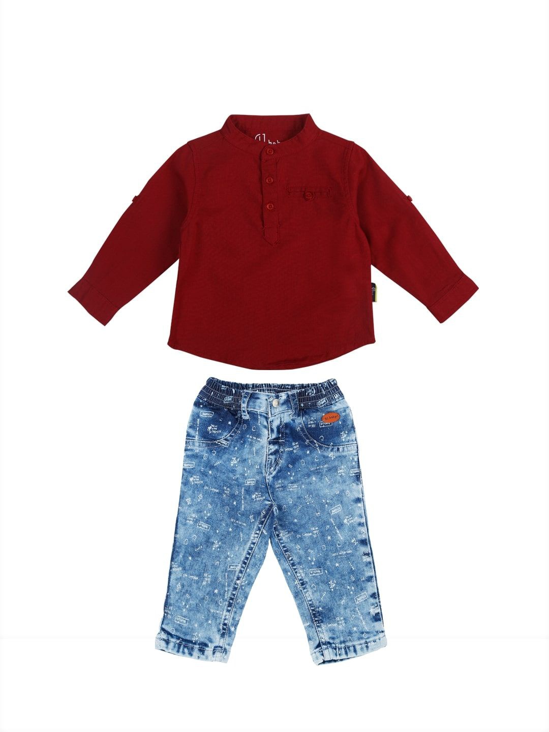 

GJ baby Boys Band Collar Long Sleeves Shirt with Trouser, Red