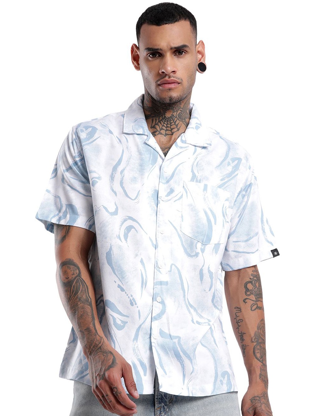 

WROGN Men Cuban Collar Abstract Printed Casual Shirt, White