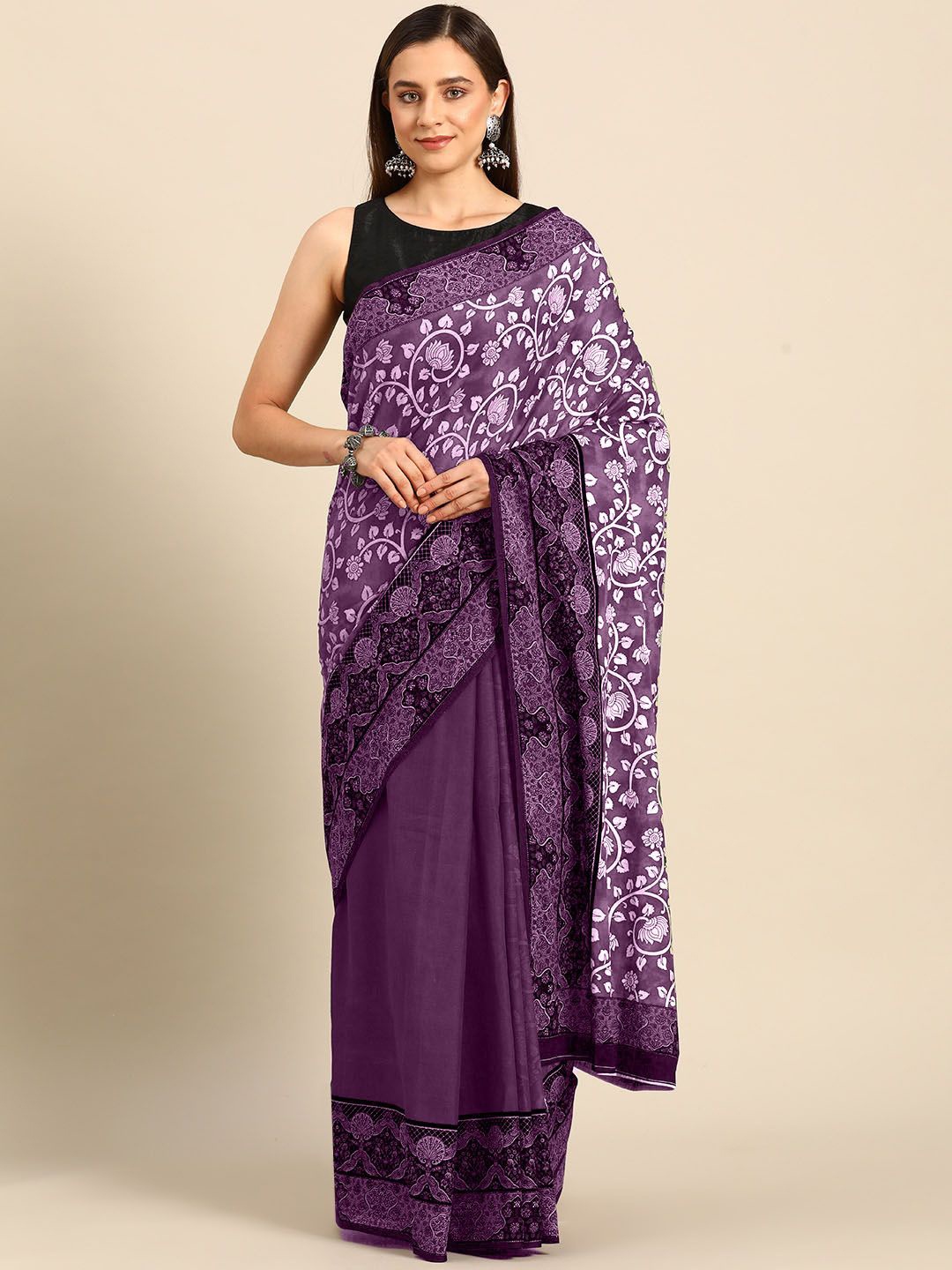 

BUTA BUTI Floral Printed Pure Cotton Saree, Lavender