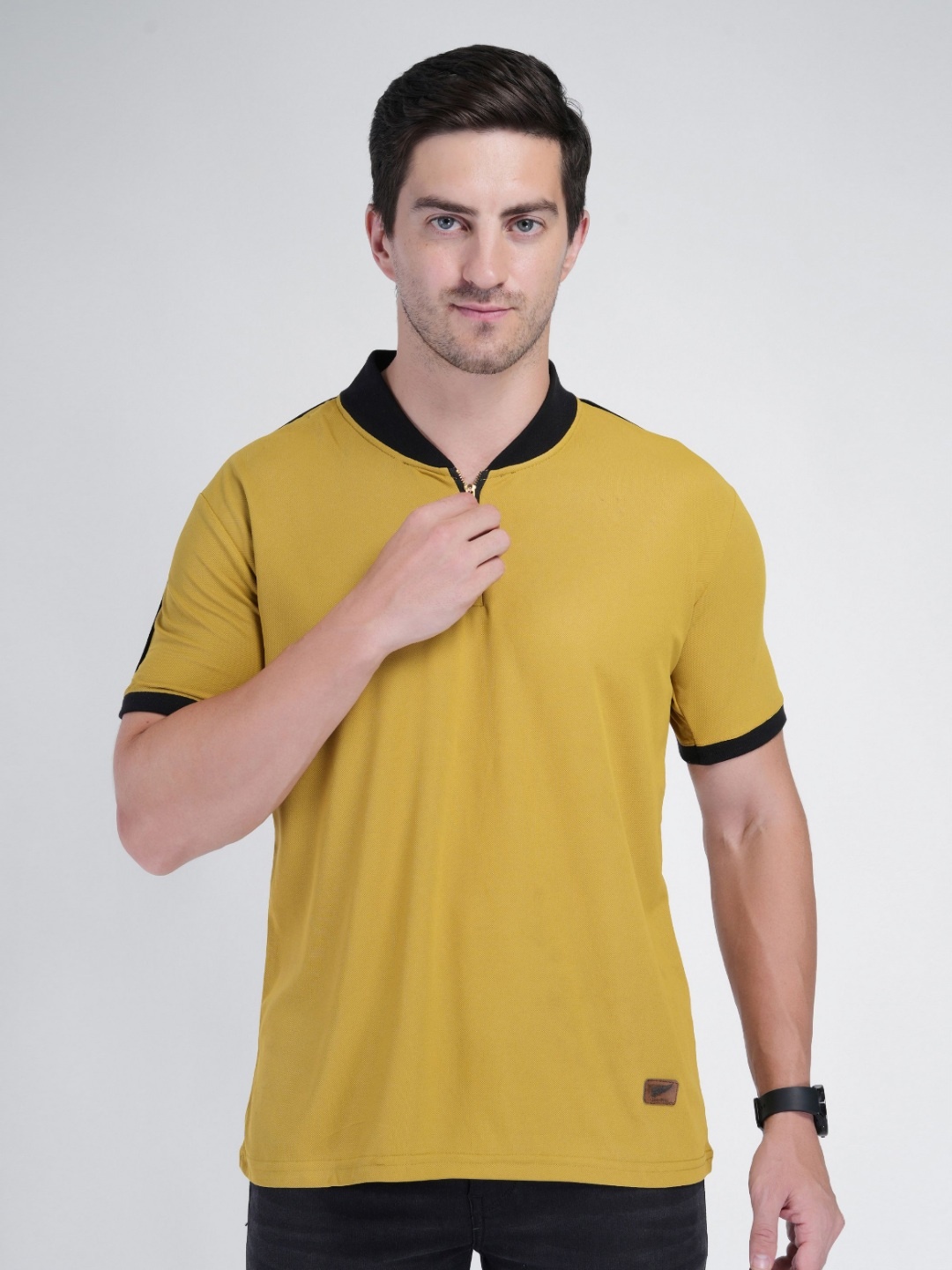 

Polo Plus Men Bio Finish Solid Mandarin Collar T-shirt, Mustard
