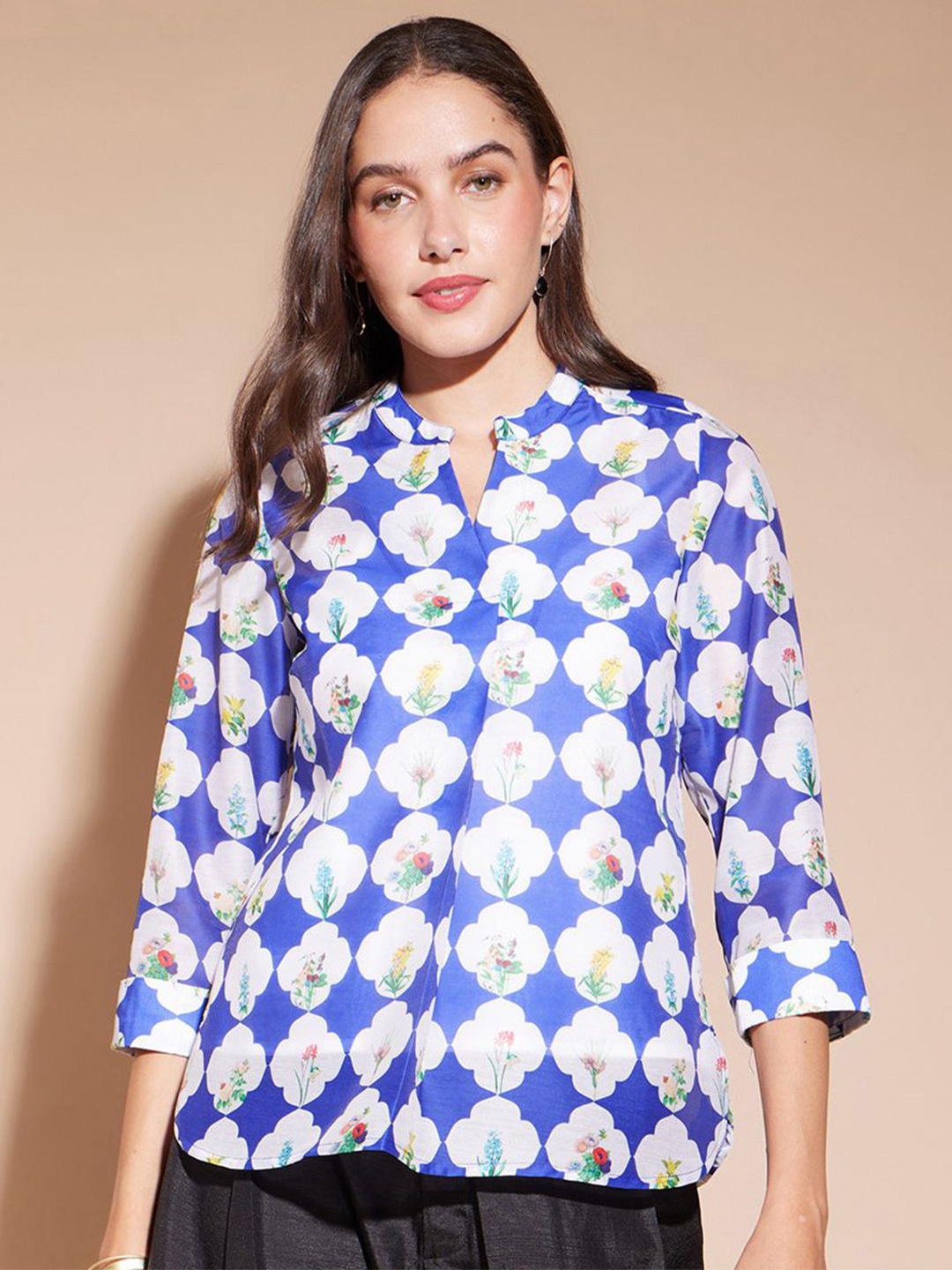 

Pink Fort Women Floral Printed Mandarin Collar Poly Silk Top, Blue