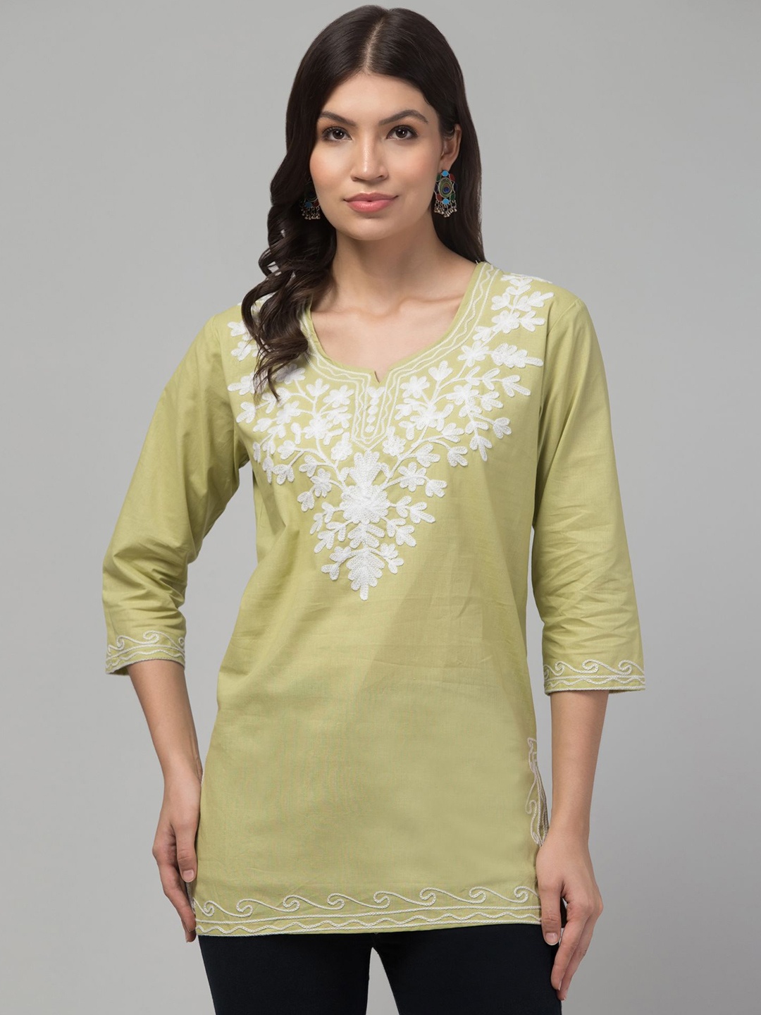 

FAMBEE Women Floral Embroidered Pure Cotton Kurti, Fluorescent green