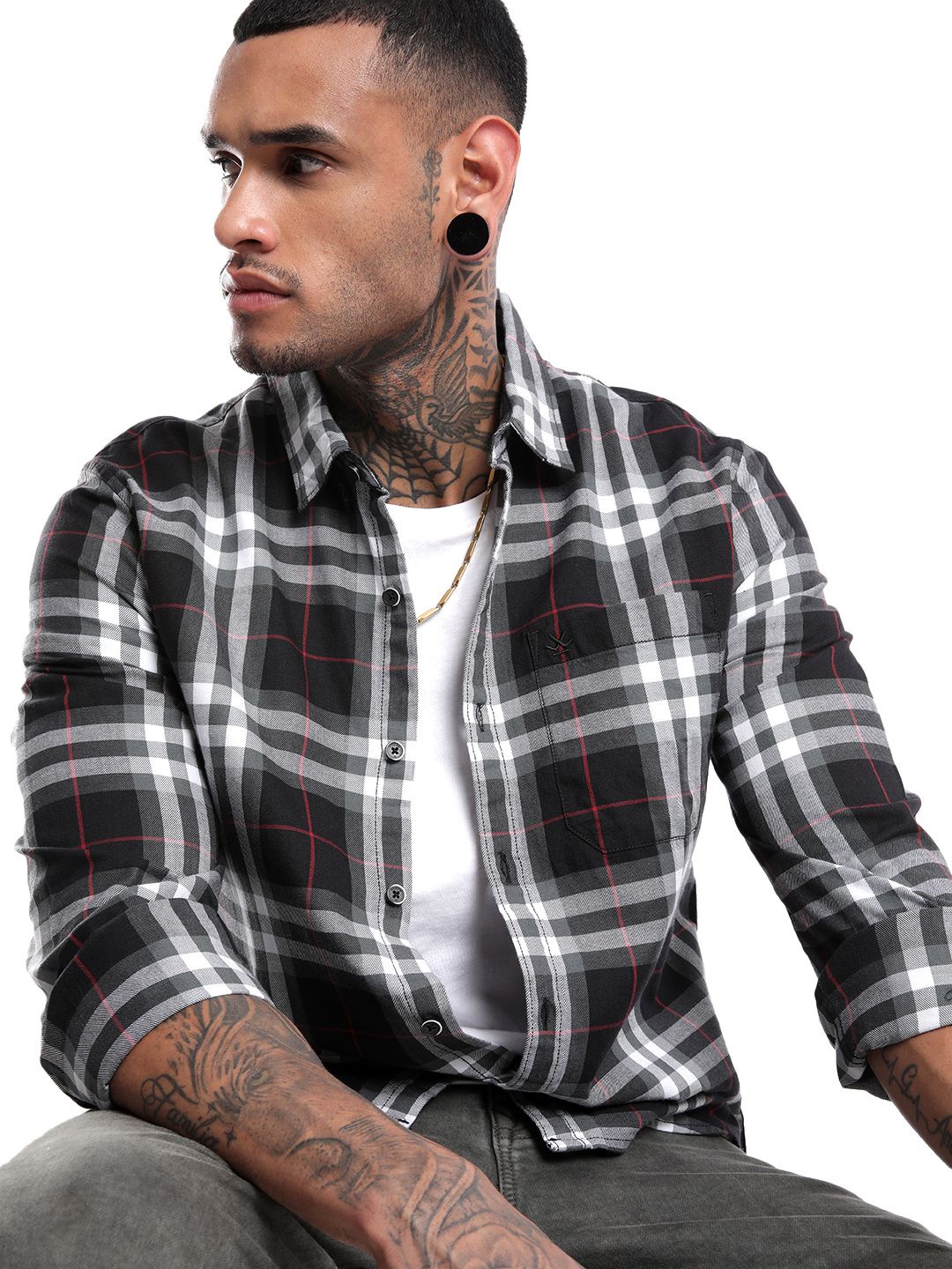 

WROGN Men Spread Collar Tartan Checked Cotton Casual Shirt, White