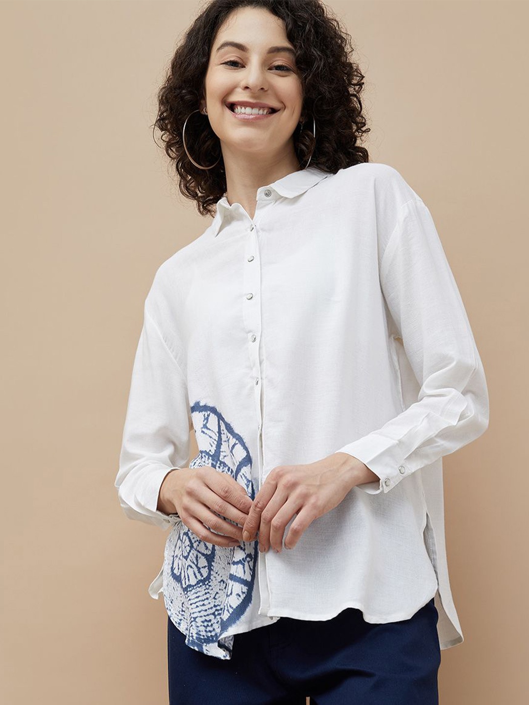 

Colour Me by Melange Women Cutaway Collar Graphic Printed Casual Shirt, Off white
