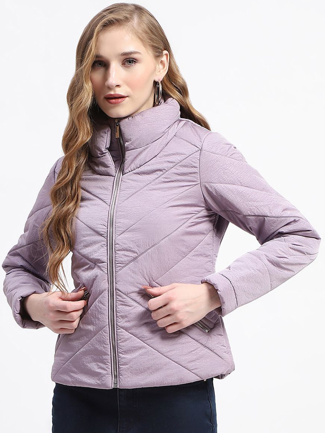 

Madame Women Mock Collar Longline Padded Jacket, Mauve