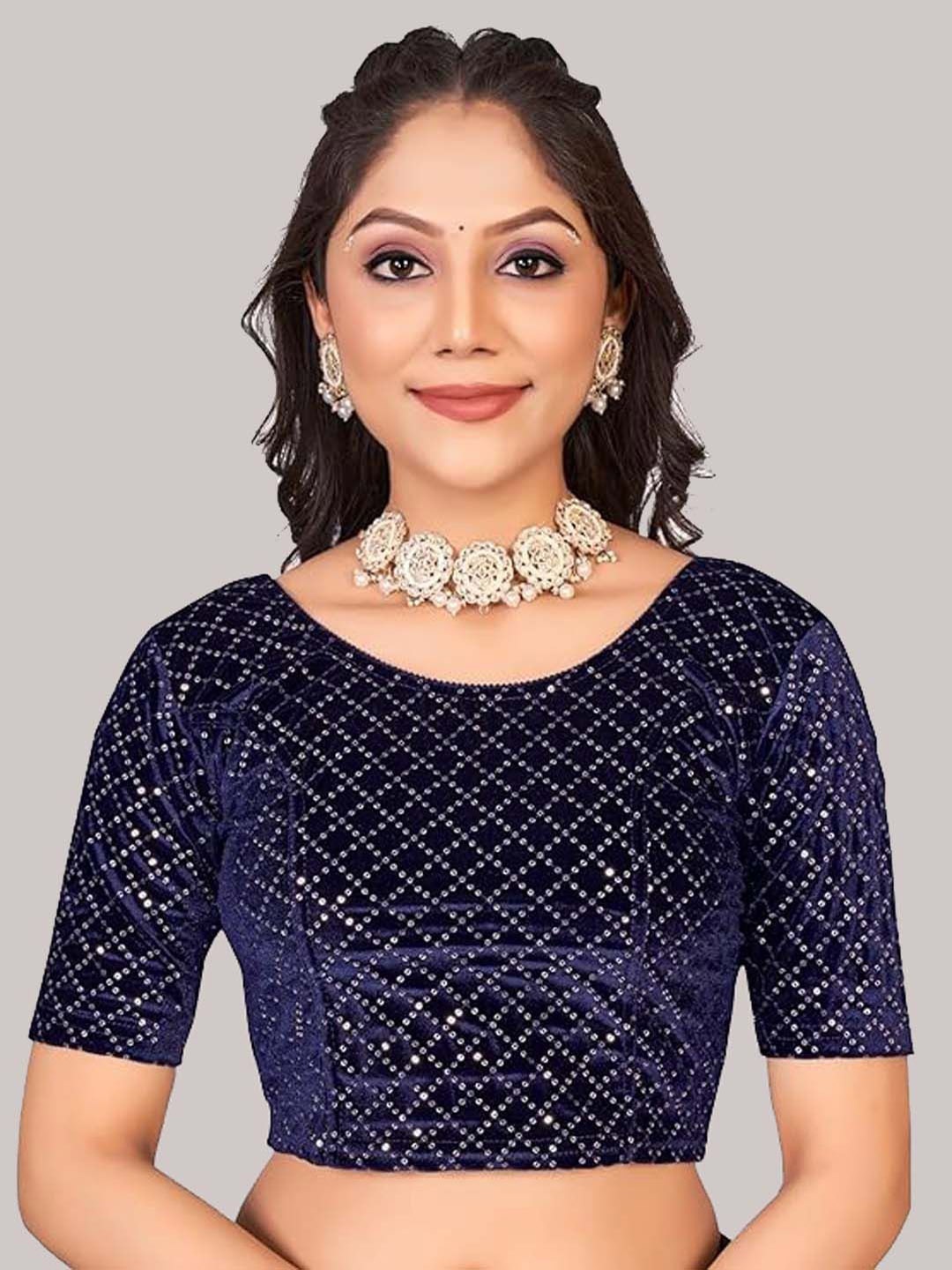 

Krimmple Sequinned Embellished Saree Blouse, Navy blue