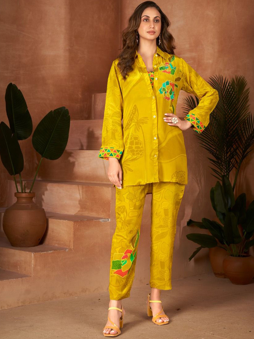 

JIVORA Floral Embroidered Top & Trouser With Shirt, Yellow