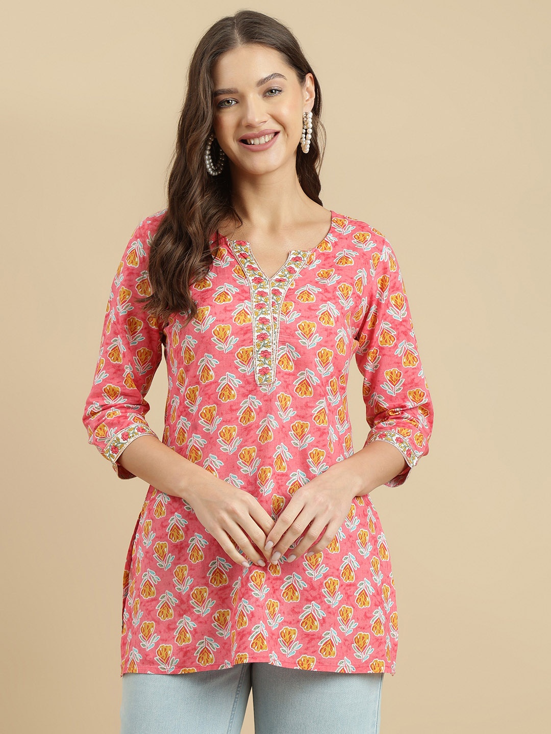 

KALINI Women Floral Printed Pure Cotton Kurti, Peach