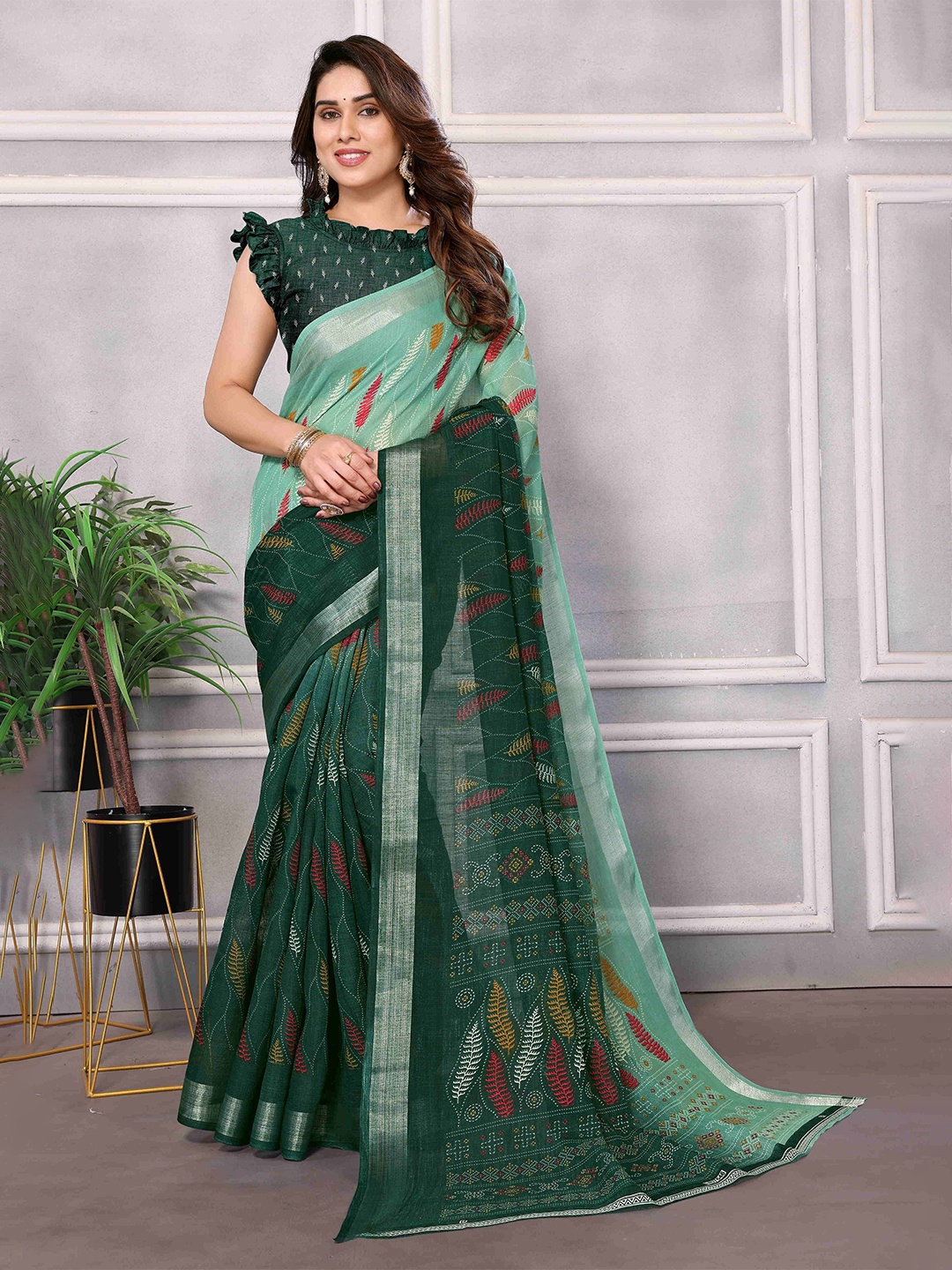

sareyavella Ethnic Motifs Printed Zari Maheshwari Saree, Green