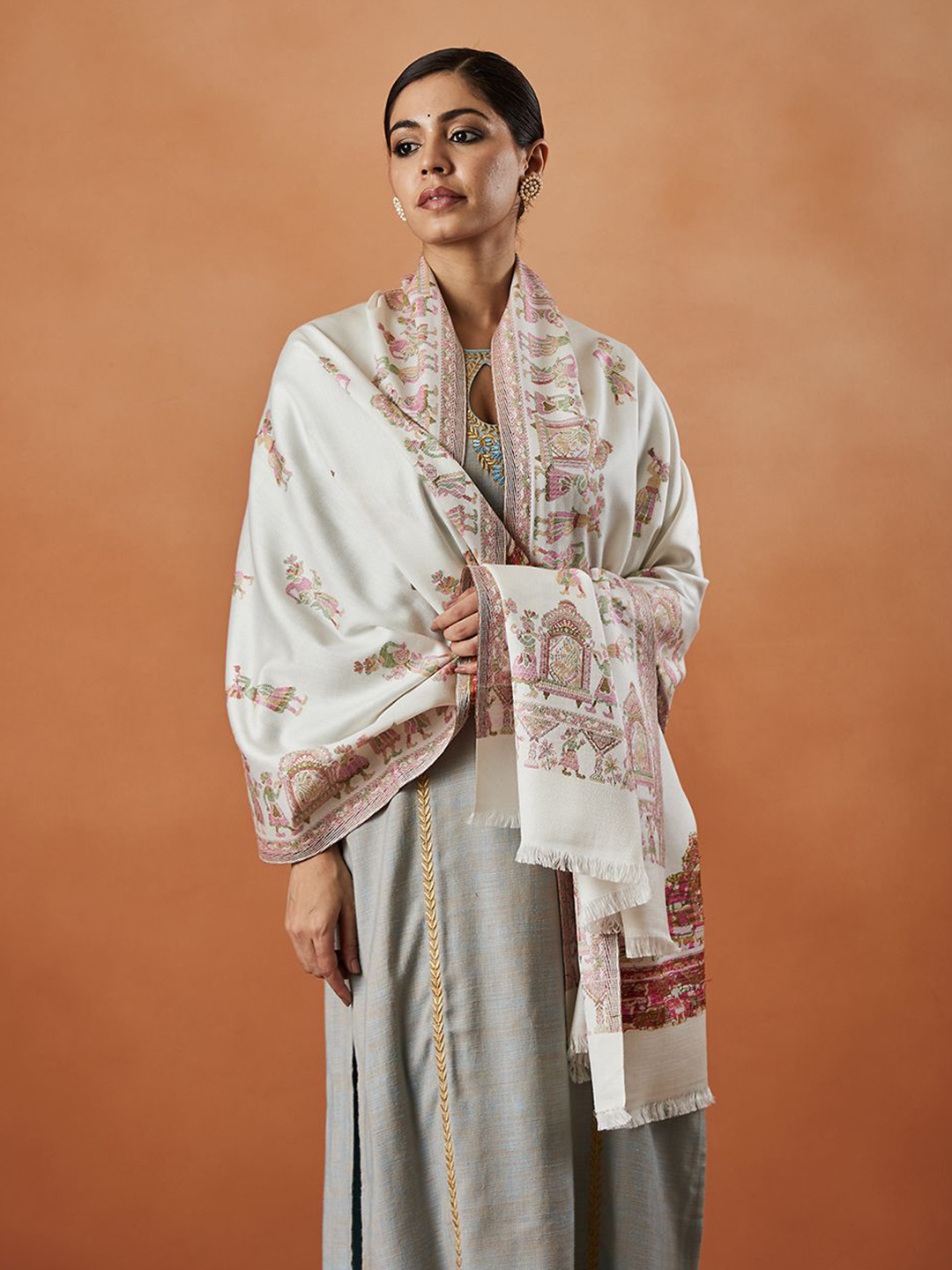 

Pashmoda Women Woven Design Stole, White