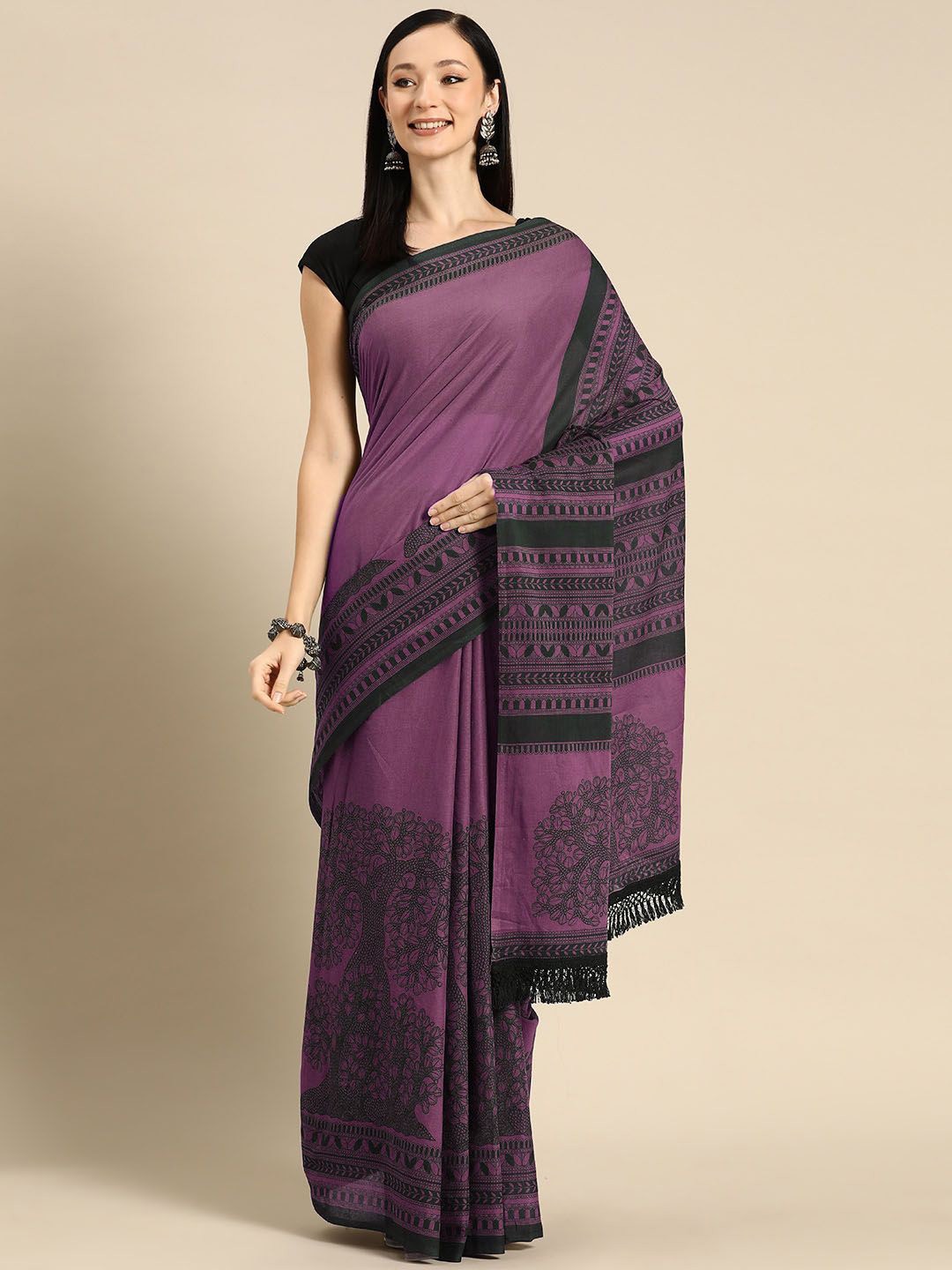 

BUTA BUTI Floral Printed Pure Cotton Saree, Purple