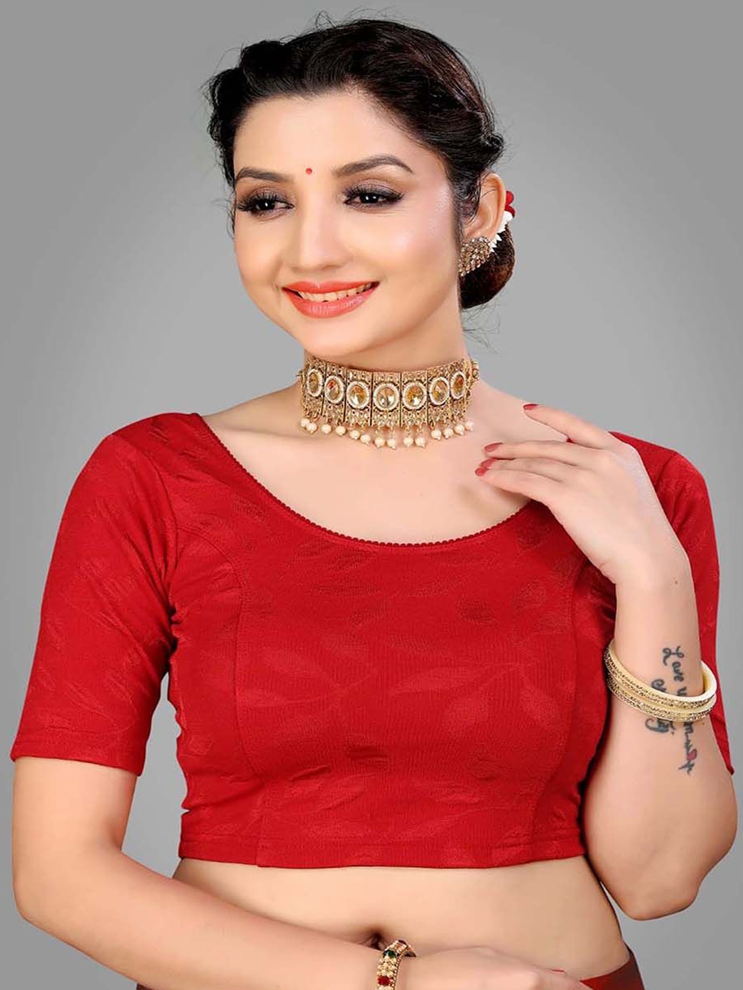 

Krimmple Woven Design Round Neck Saree Blouse, Maroon