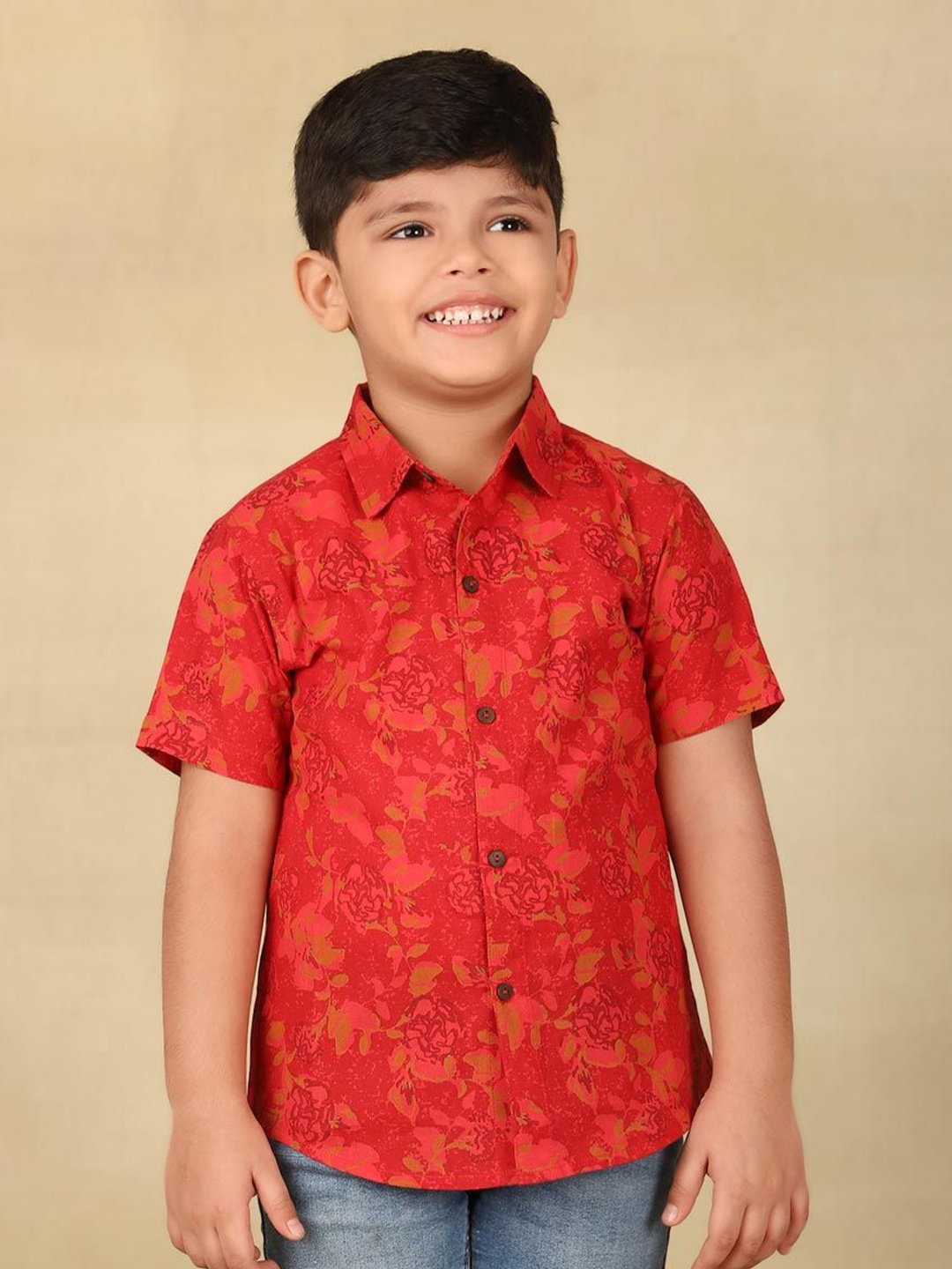 

Fabindia Boys Spread Collar Floral Printed Cotton Casual Shirt, Red