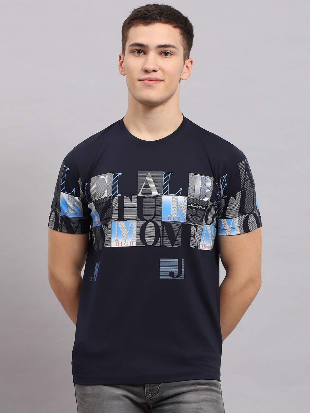 

Monte Carlo Men Typography Printed Round Neck Cotton T-shirt, Navy blue