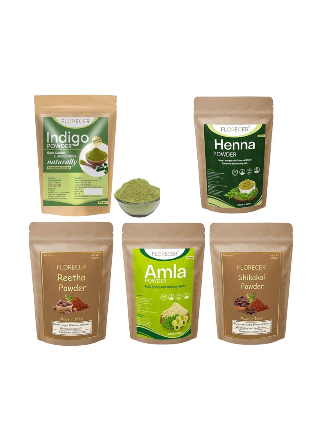 

FLORECER Indigo, Henna, Amla, Reetha & Shikakai Powder For Hair- 100 g Each, Multi