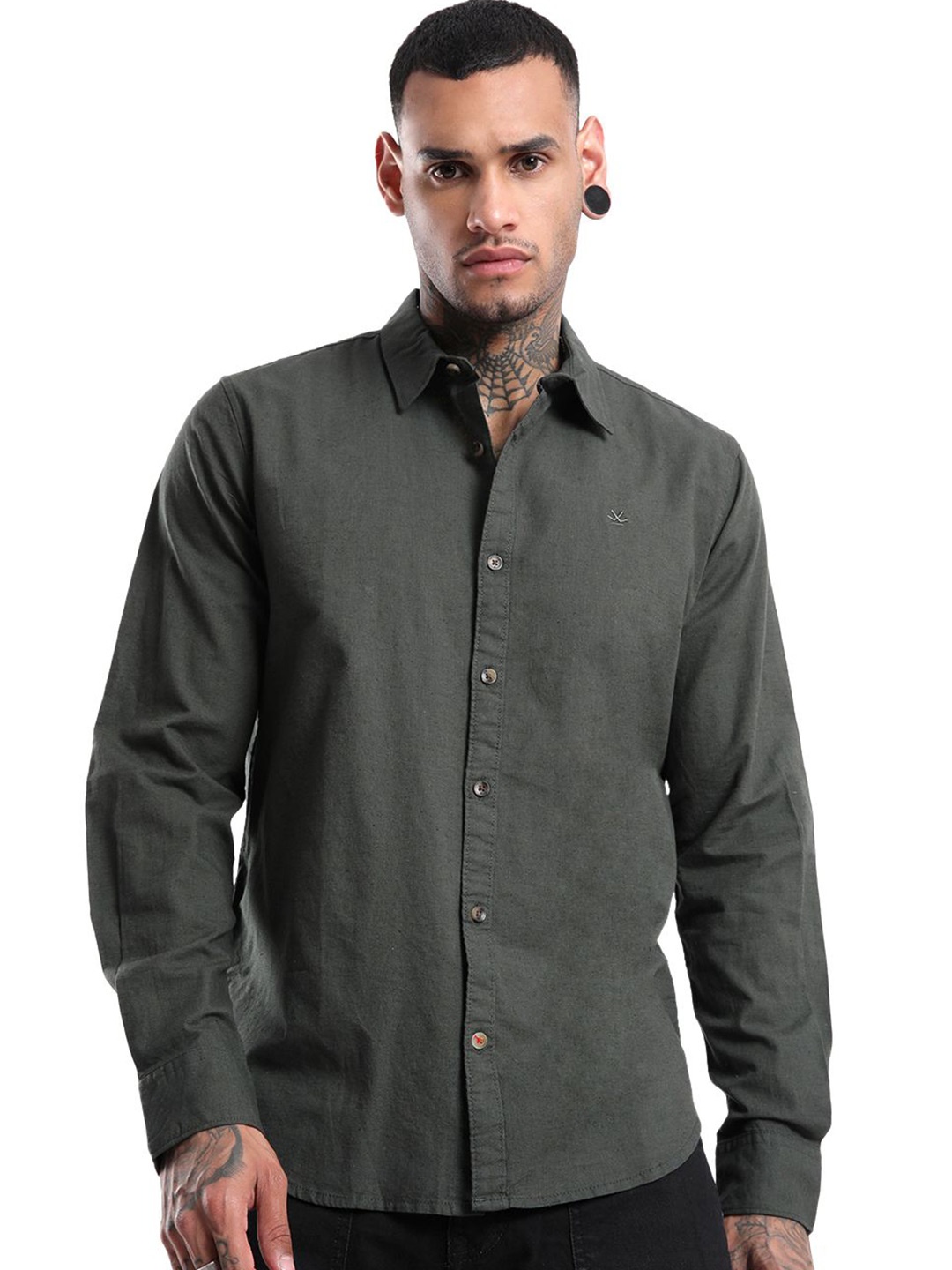 

WROGN Men Spread Collar Solid Cotton Linen Casual Shirt, Olive