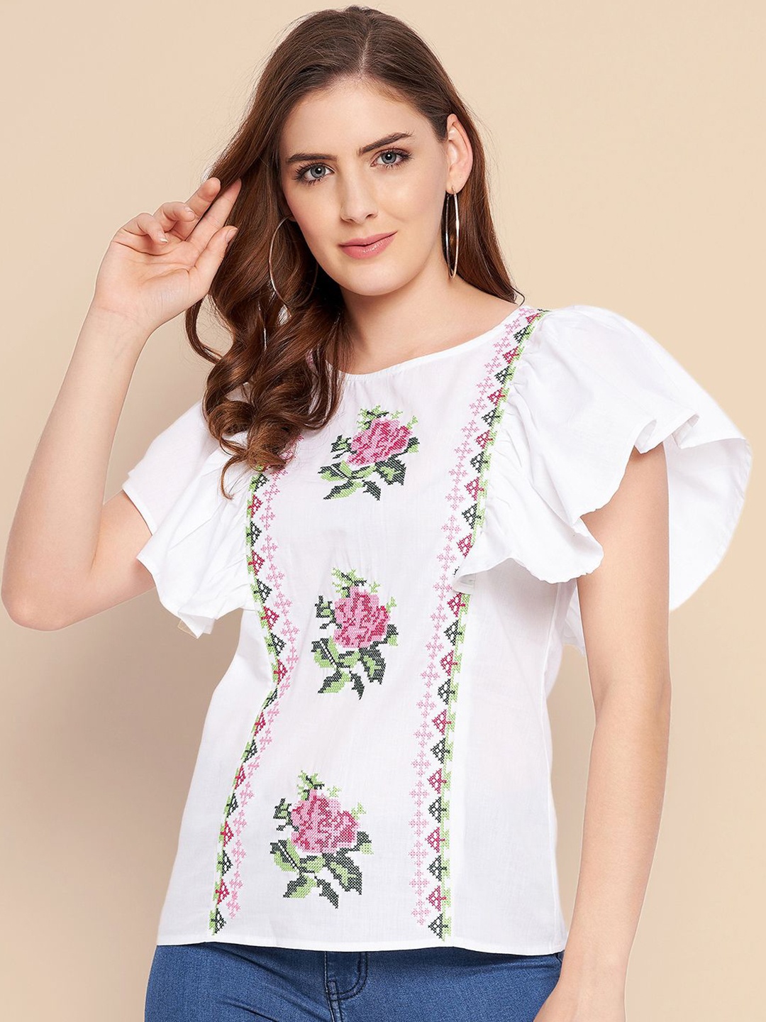 

all about you Women Floral Printed Round Neck Top, White