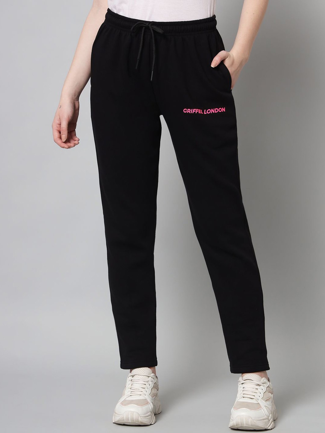 

GRIFFEL Women Typography Printed Track Pants, Black