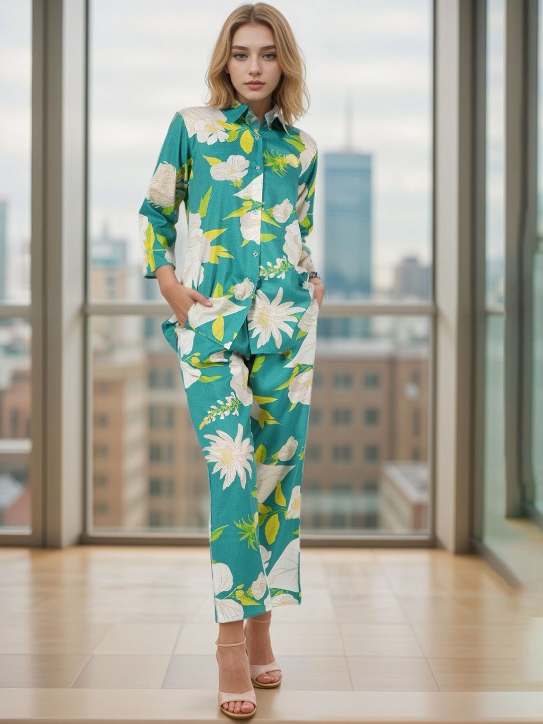 

BAESD Floral Printed Shirt & Trouser, Green