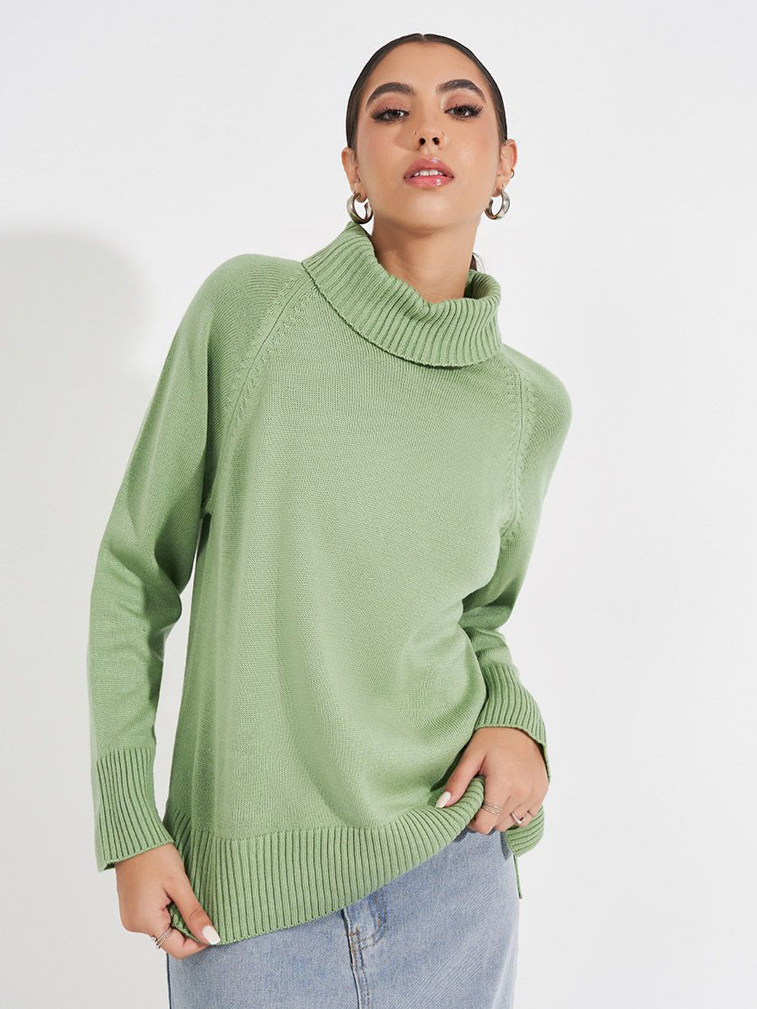 

Styli Women Solid Turtle Neck Boxy Fit Longline Sweater, Green