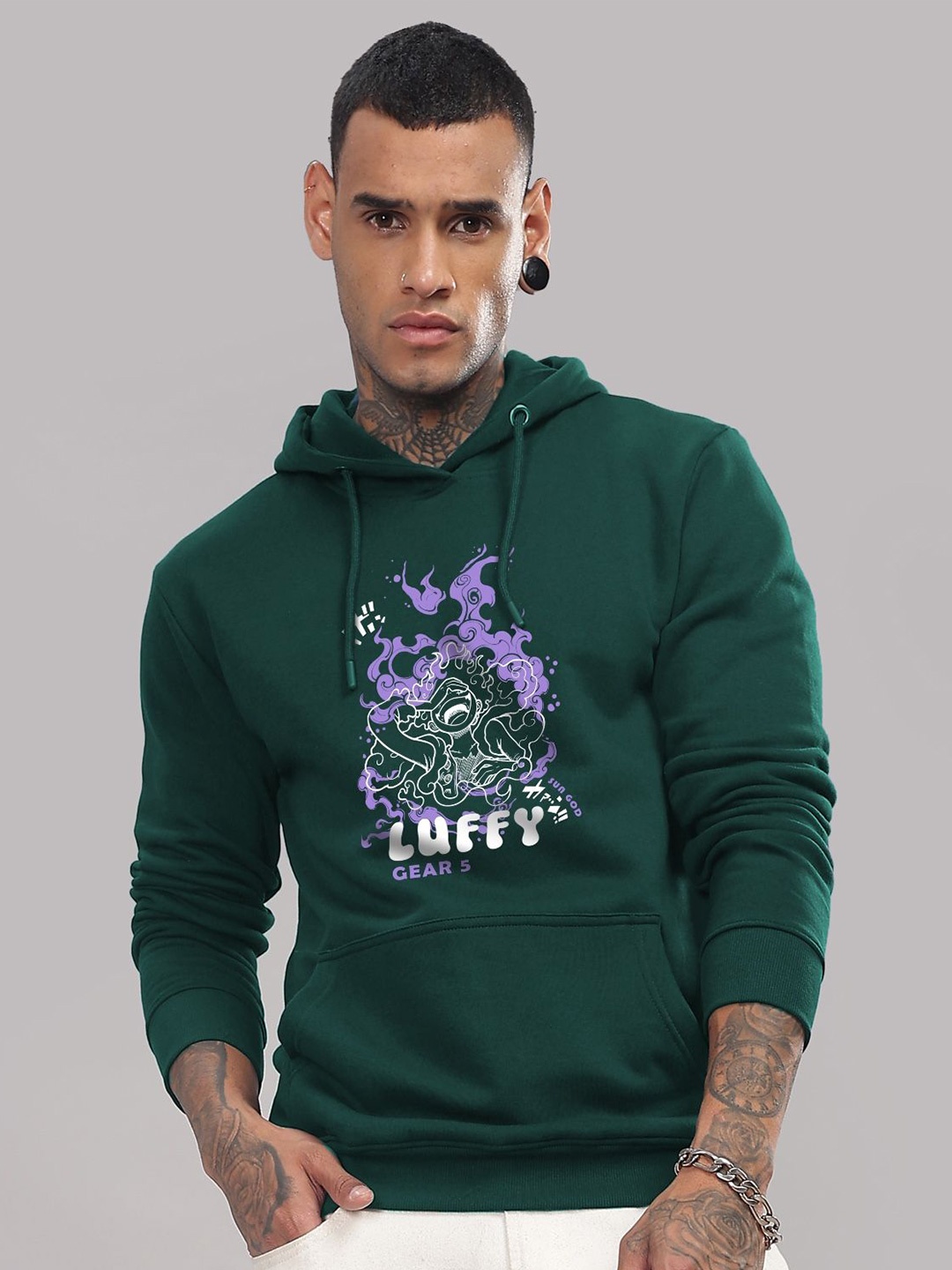 

ADRO Men Graphic Printed Hooded Cotton Sweatshirt, Green