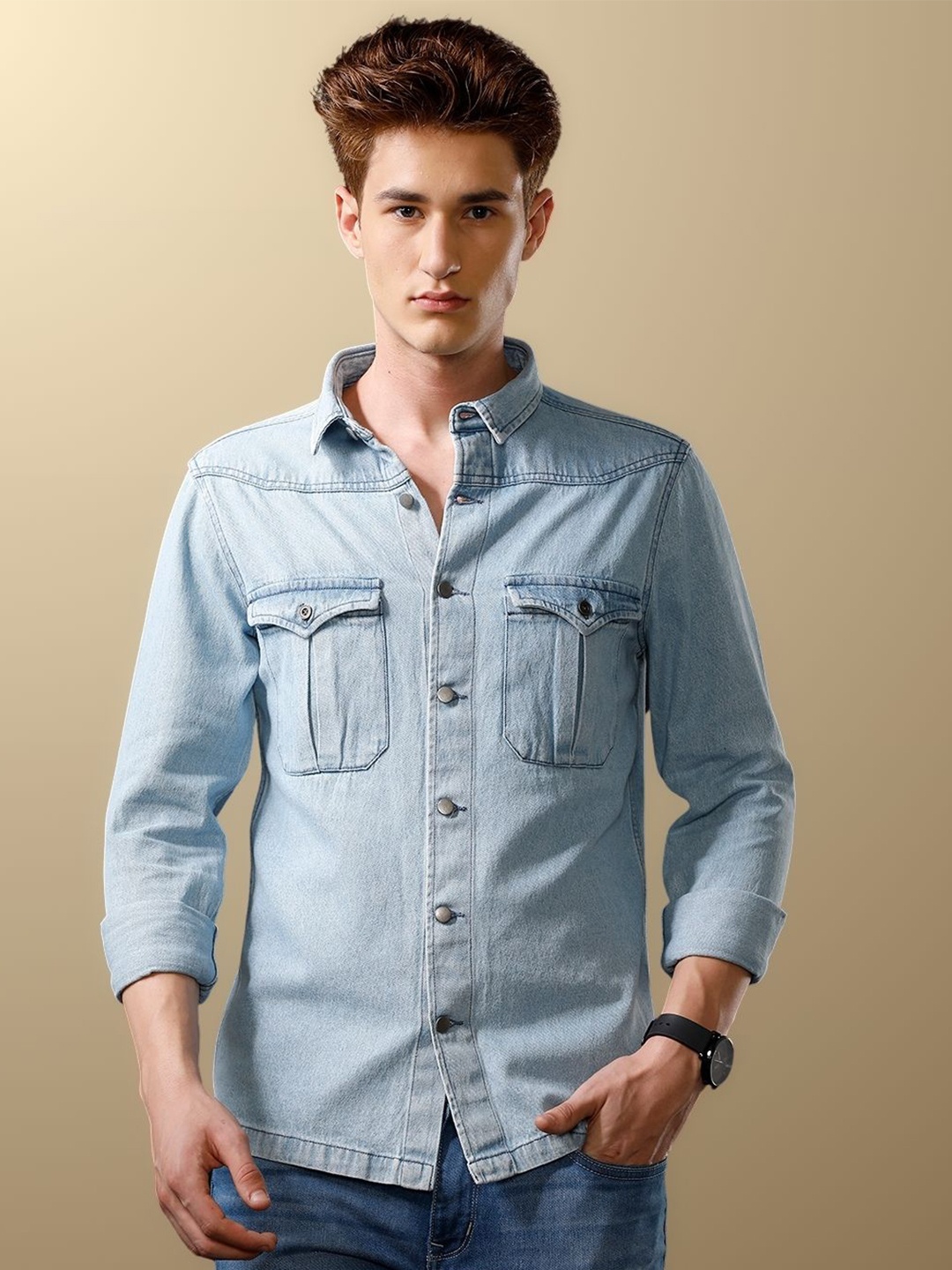 

TEMPLE OF DENIM Men India Slim Cutaway Collar Solid Denim Casual Shirt, Blue