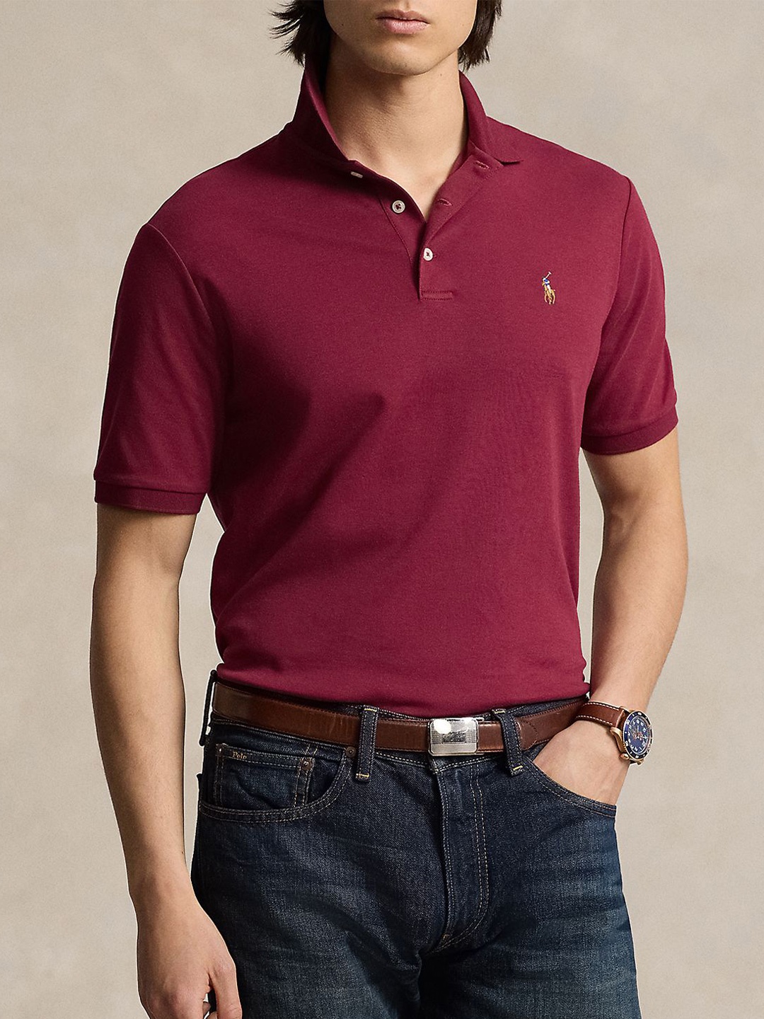 

Polo Ralph Lauren Men Solid Pure Cotton Slim Fit Polo Collar T-shirt, Red