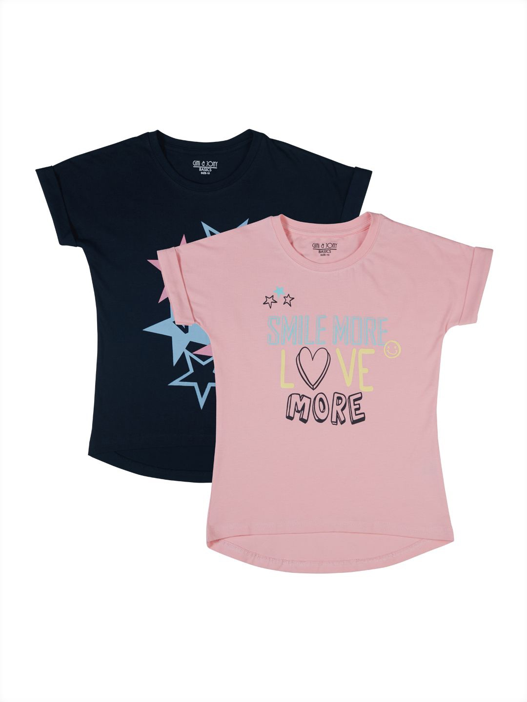

Gini and Jony Pack of 2 Girls Typographic Printed Round Neck Cotton T-Shirts, Navy blue