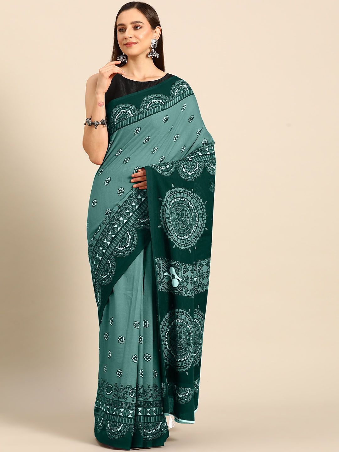 

BUTA BUTI Floral Printed Pure Cotton Saree, Green