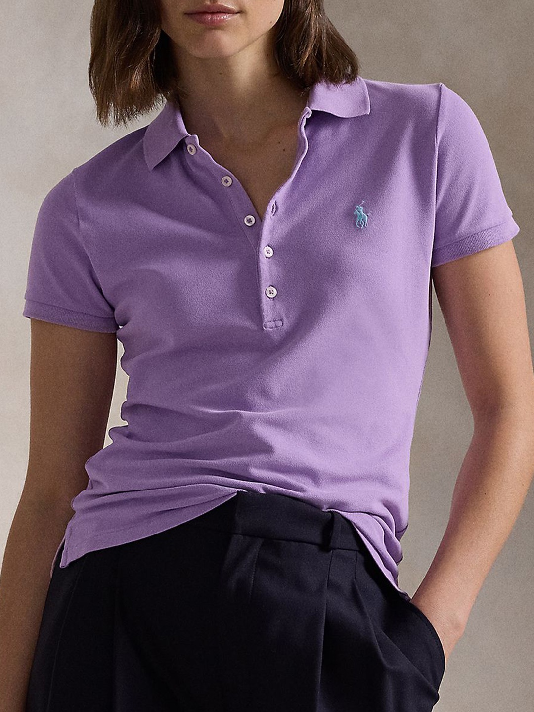 

Polo Ralph Lauren Women Solid Slim Fit Polo Collar T-shirt, Purple