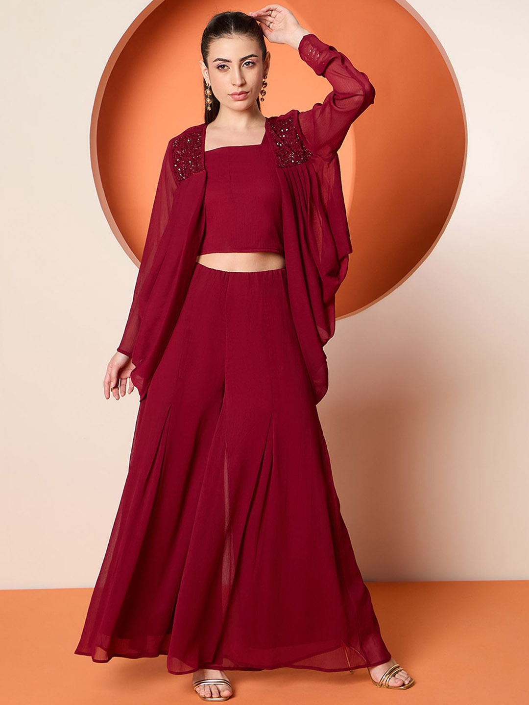 

Antheaa Embellished Crop Top & Palazzo With Shrug, Red