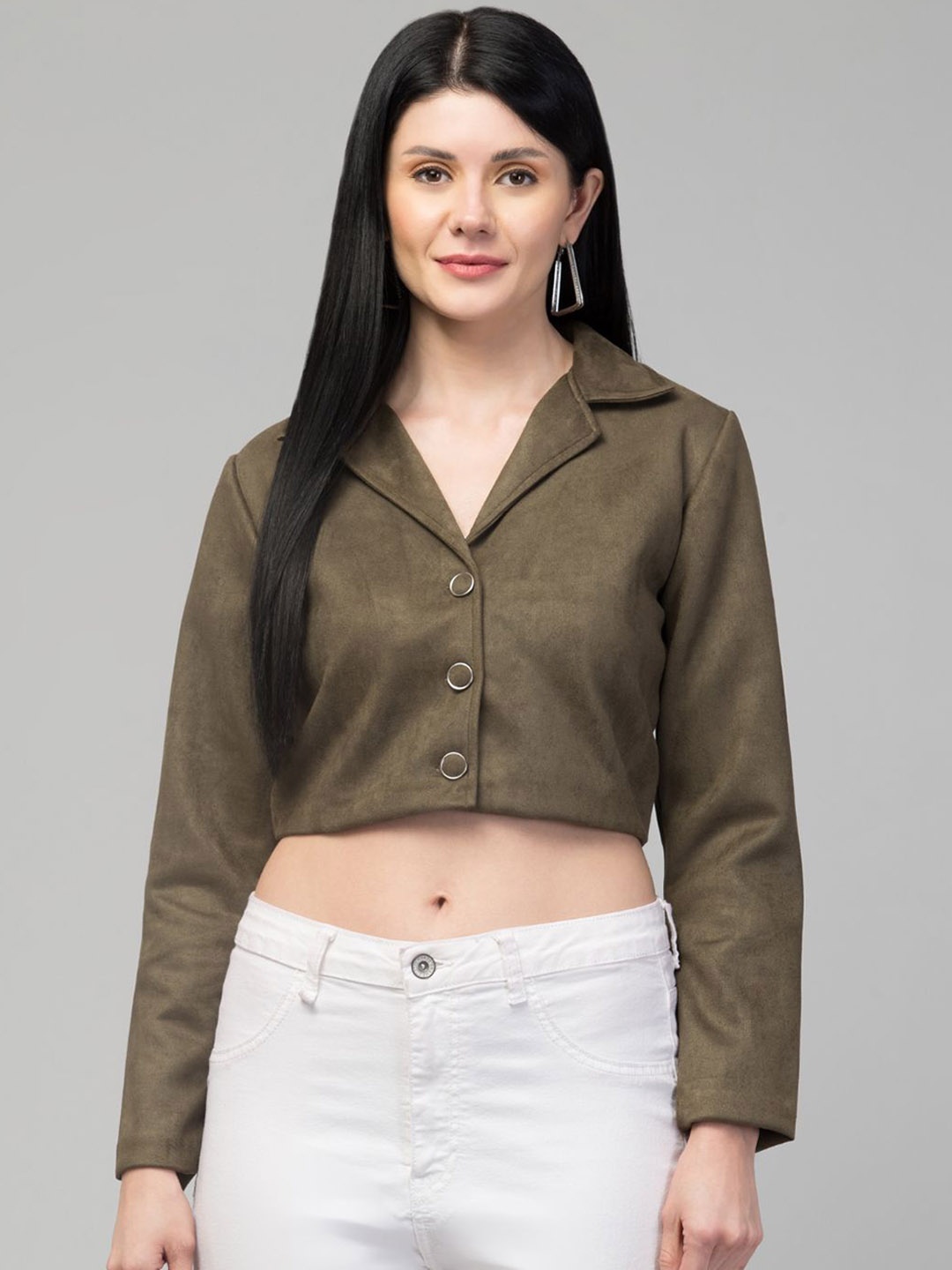 

GalaxyTrendz Notched Lapel Collar Single Breasted Velvet Comfort-Fit Cropped Casual Blazer, Olive