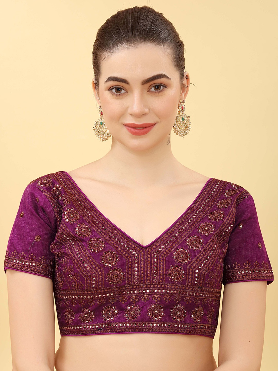 

Krimmple Women Embroidered Sequinned V Neck Saree Blouse, Purple