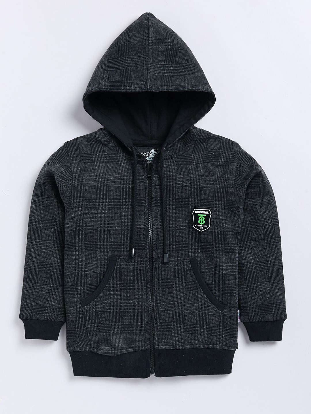 

Cutopies Boys Checked Front-Open Hooded Sweatshirt, Black