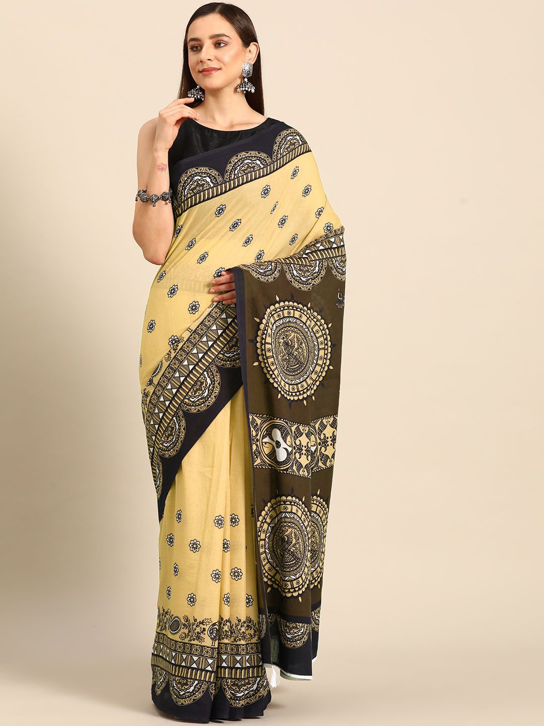 

BUTA BUTI Floral Printed Pure Cotton Saree, Mustard