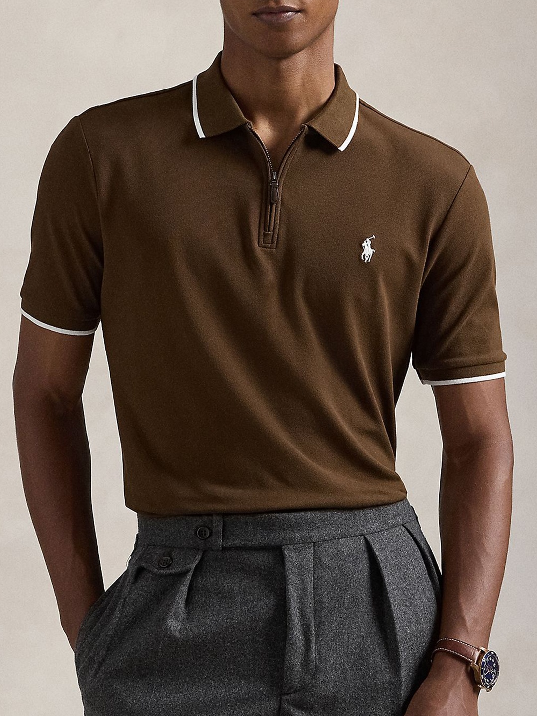 

Polo Ralph Lauren Men Solid Polo Collar Slim Fit Polo Collar T-shirt, Brown