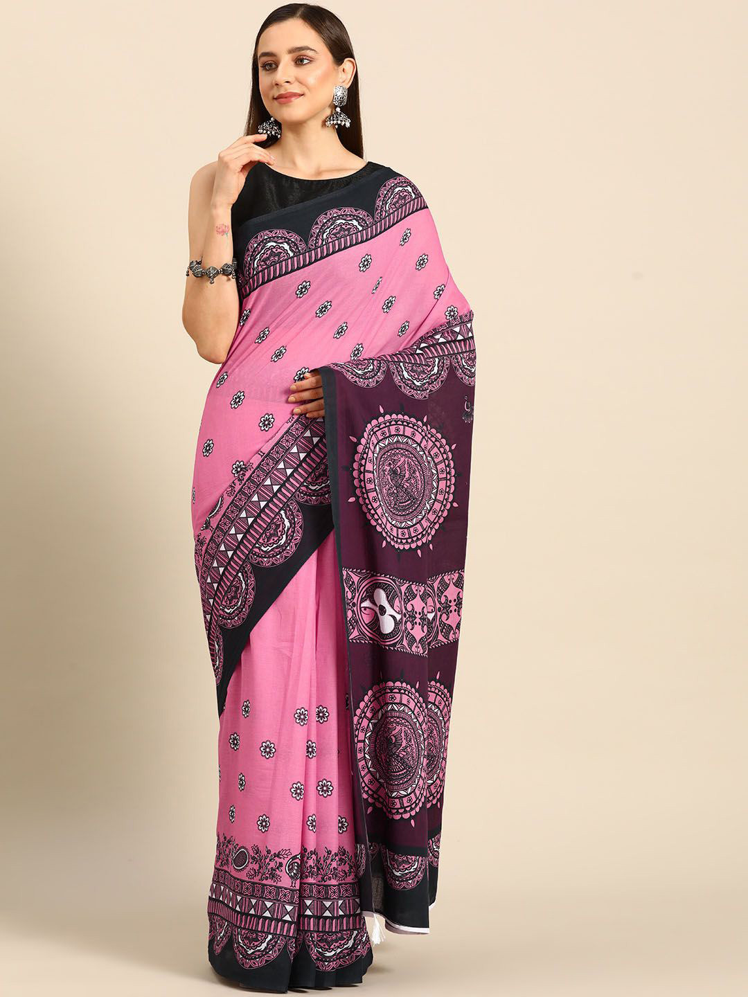 

BUTA BUTI Floral Pure Cotton Saree, Pink