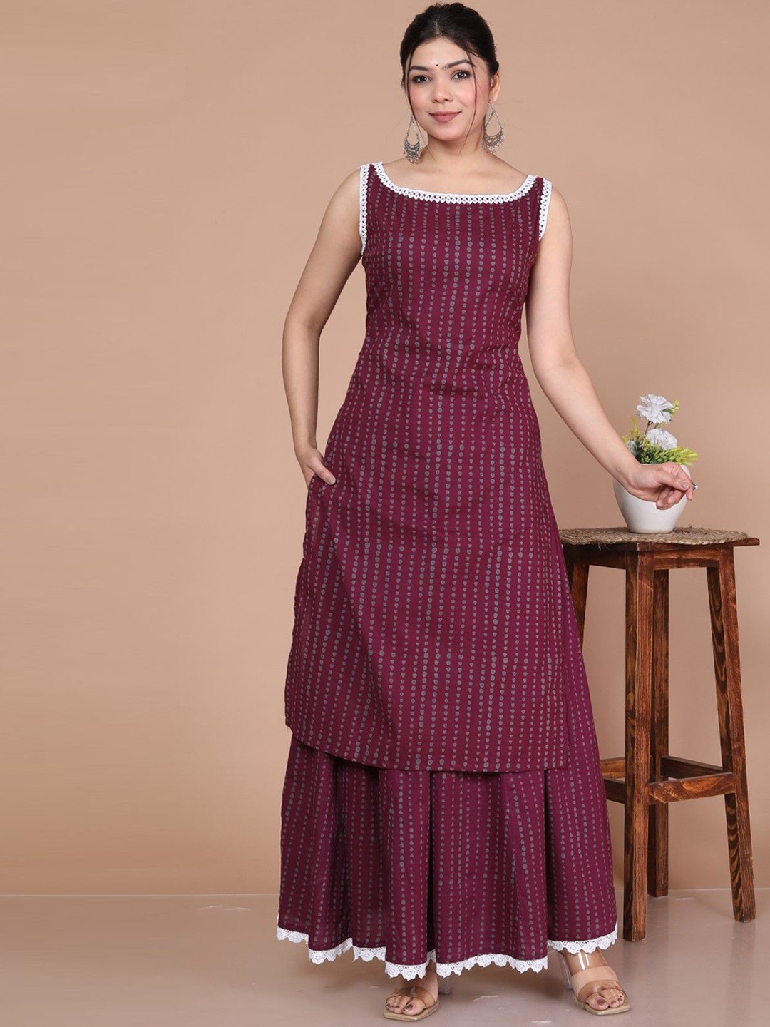 

ANTU KURTIES Abstract Printed Thread Work Straight Cotton Silk Kurta With Palazzos, Maroon