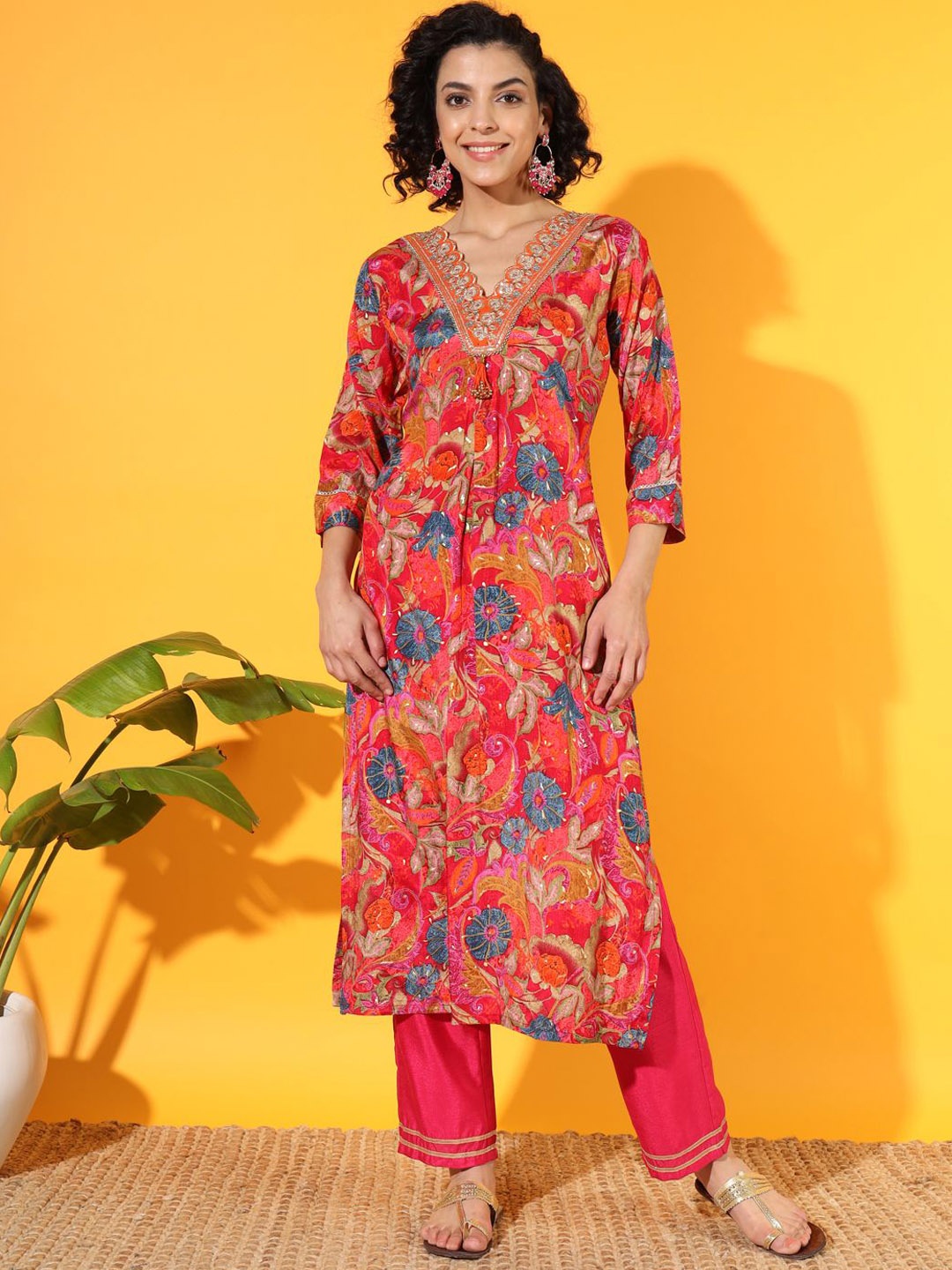 

VESH Floral Printed V-Neck Three-Quarter Sleeves Zari Work Regular Silk Kurta, Red