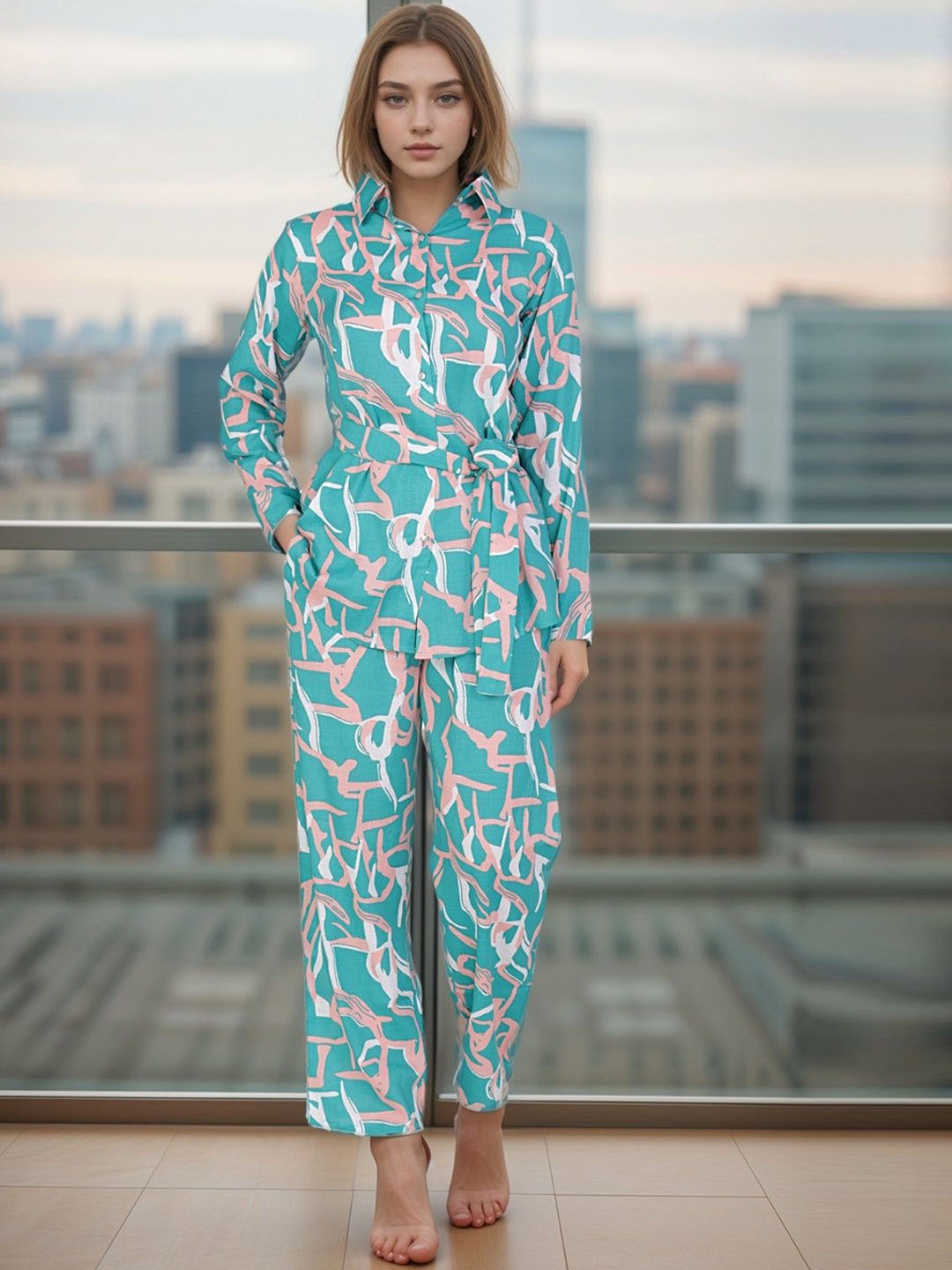 

BAESD Abstract Printed Shirt With Trousers, Blue