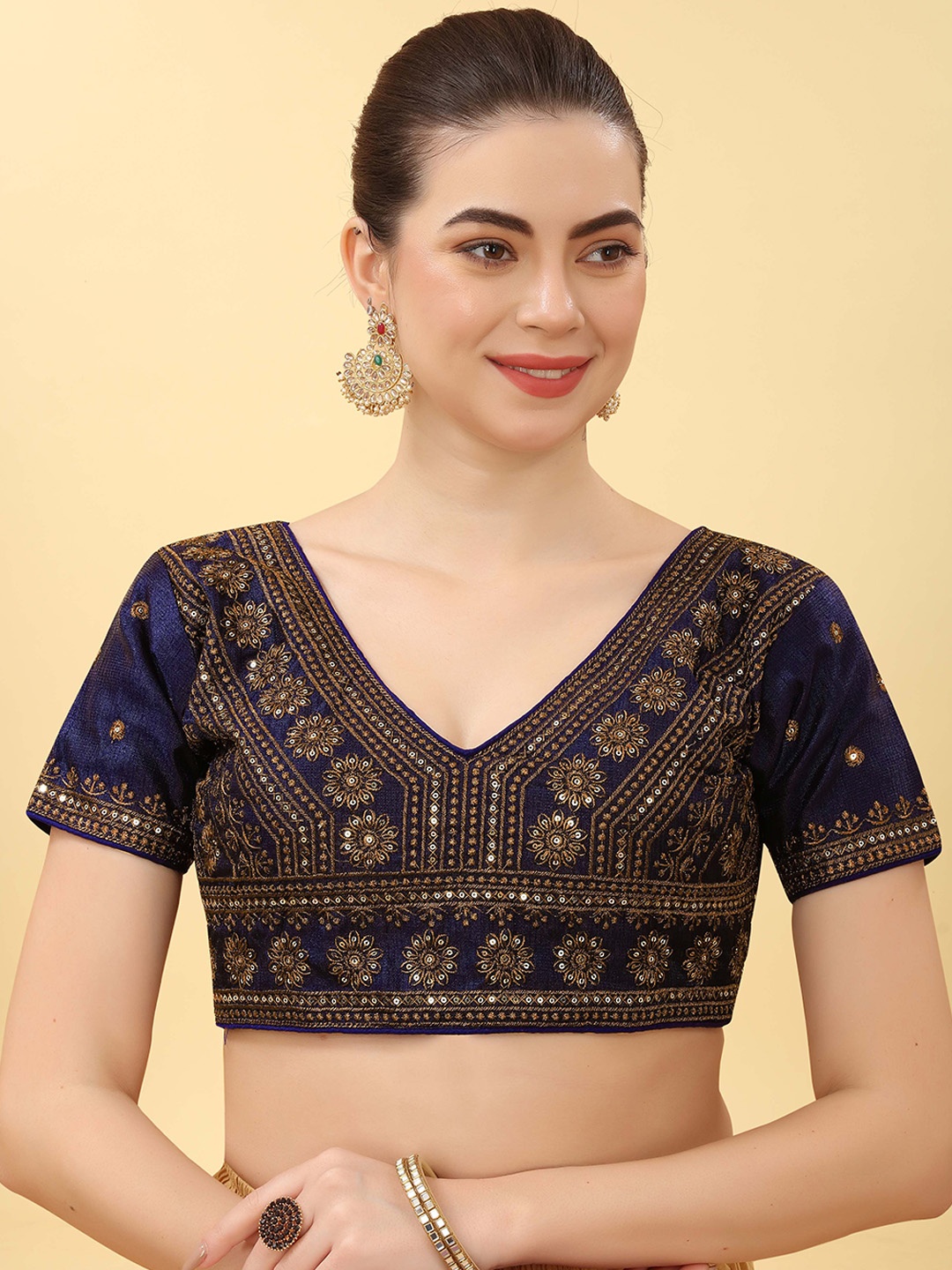 

Krimmple Women Sequinned Embroidered Saree Blouse, Navy blue